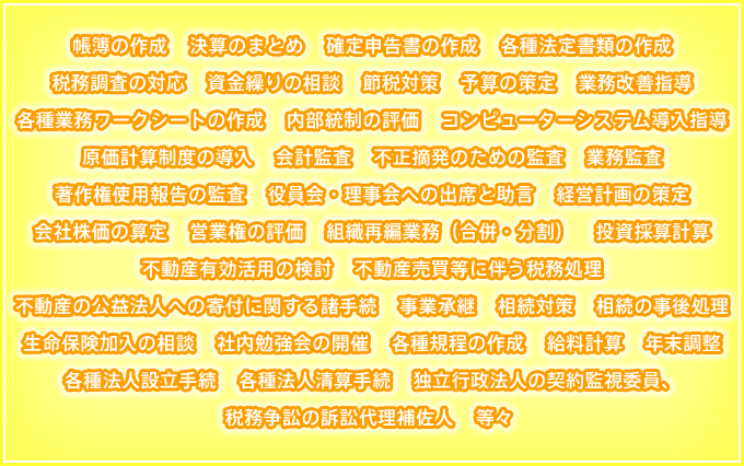 帳簿の作成、決算のまとめ、確定申告書の作成、各種法定書類の作成、税務調査の対応、資金繰りの相談、節税対策、予算の策定、業務改善指導、各種業務ワークシートの作成、内部統制の評価、コンピューターシステム導入指導、原価計算制度の導入、会計監査、不正摘発のための監査、業務監査、著作権使用報告の監査、役員会・理事会への出席と助言、経営計画の策定、会社株価の算定、営業権の評価、組織再編業務（合併・分割）、投資採算計算、不動産有効活用の検討、不動産売買等に伴う税務処理、不動産の公益法人への寄付に関する諸手続、事業承継、相続対策、相続の事後処理、生命保険加入の相談、社内勉強会の開催、各種規程の作成、給料計算、年末調整、各種法人設立手続、各種法人清算手続、独立行政法人の契約監視委員、税務争訟の訴訟代理補佐人　等々
